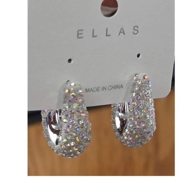 Ellas Jewelry - Ellas Chunky Hoop Earrings Silver Iridescent New AB Crystal Rhinestone Statement